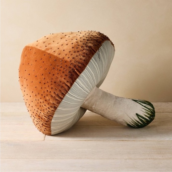 JOHN DERIAN 2024 NWT beaded mushroom novelty plush pillow -brown - Picture 1 of 7